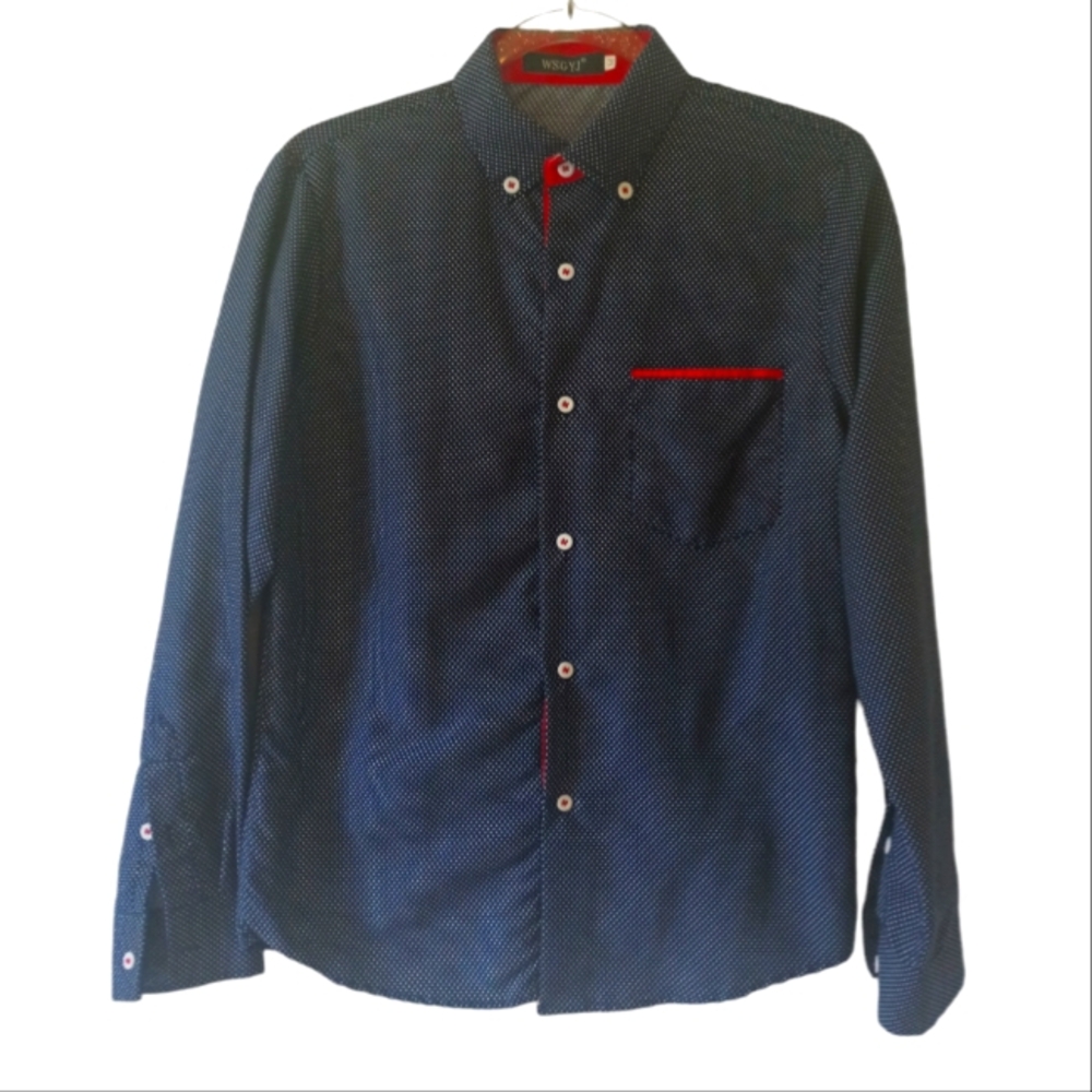 WSGYJ Men's Fitted Navy Blue Dress Shirt with White Polka Dots and Red Accents